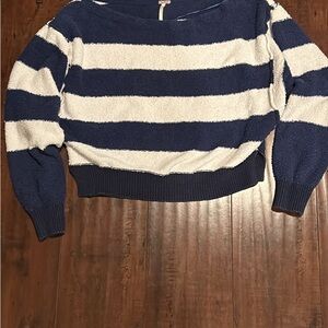 Free People Striped Navy and Cream Cozy Boatneck Sweater